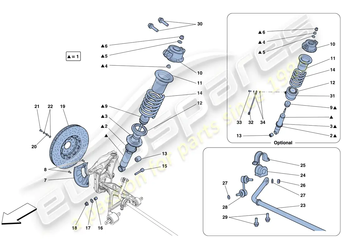 ferrari 488 spider (europe) suspensión delantera - amortiguador y disco de freno diagrama de piezas