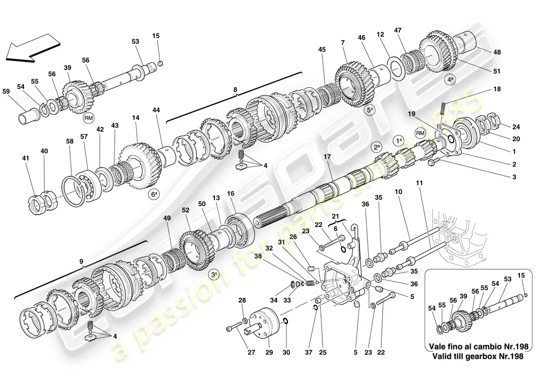 ferrari 612 scaglietti (rhd) engranajes del eje de la caja de cambios primario y bomba de aceite de la caja de cambios diagrama de piezas