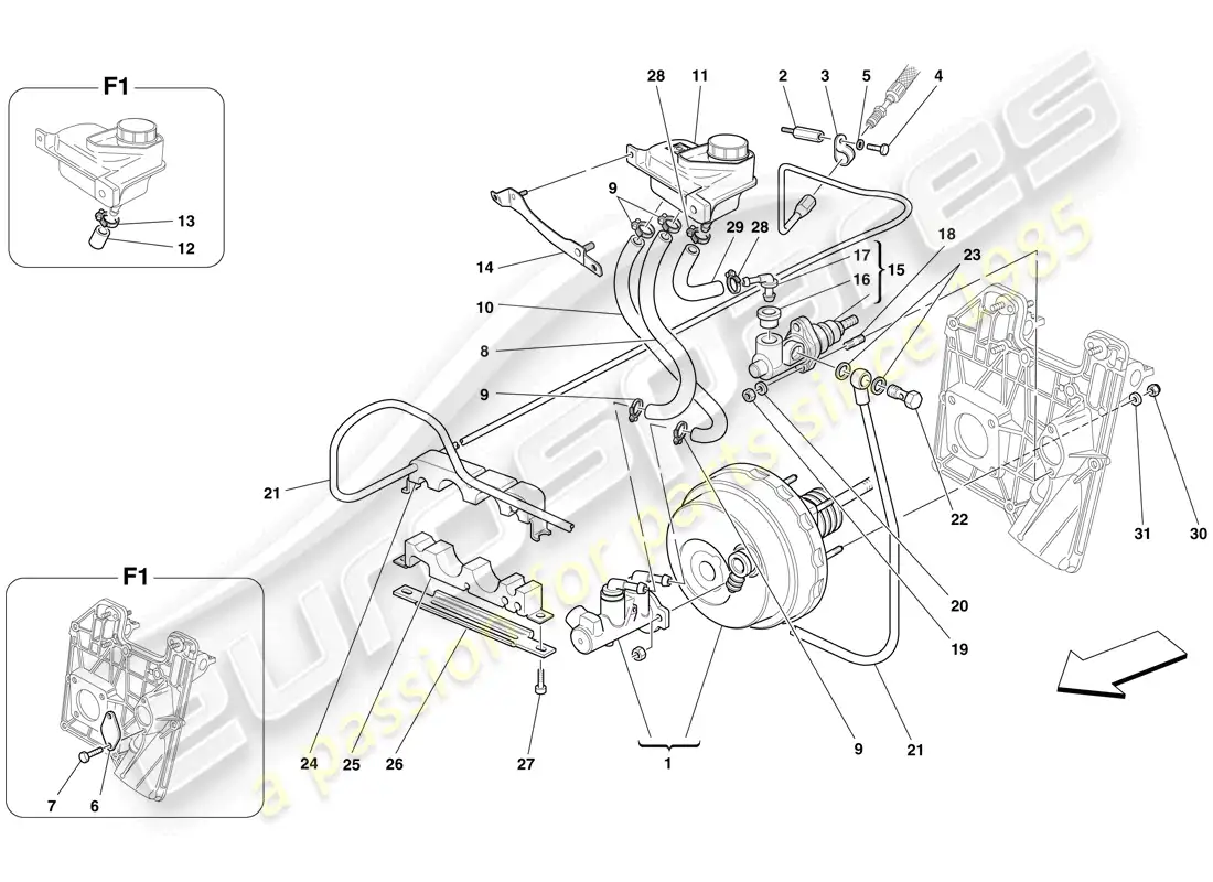 ferrari f430 spider (europe) controles de freno y embrague hidráulicos diagrama de piezas