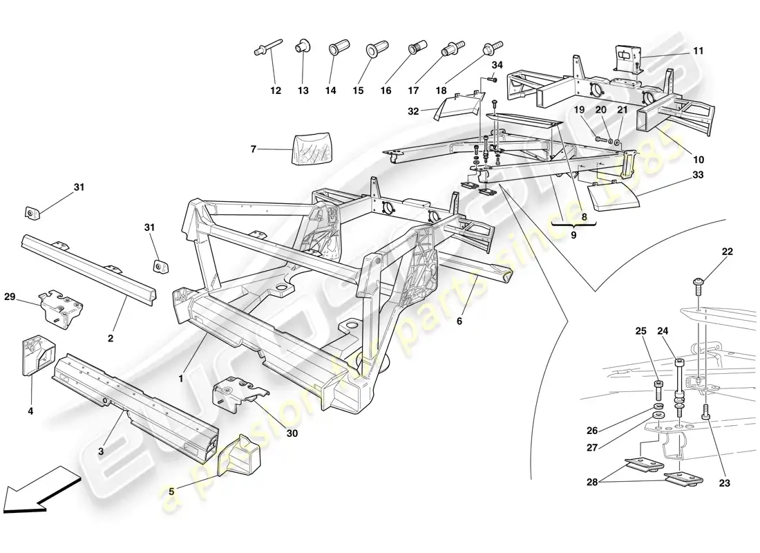ferrari f430 scuderia (rhd) chassis - structure, rear elements and panels diagrama de piezas