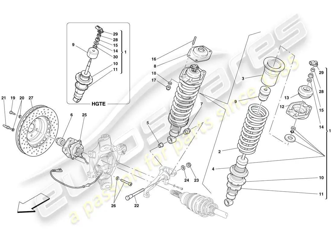 ferrari 599 gtb fiorano (europe) suspensión trasera: amortiguador y disco de freno diagrama de piezas