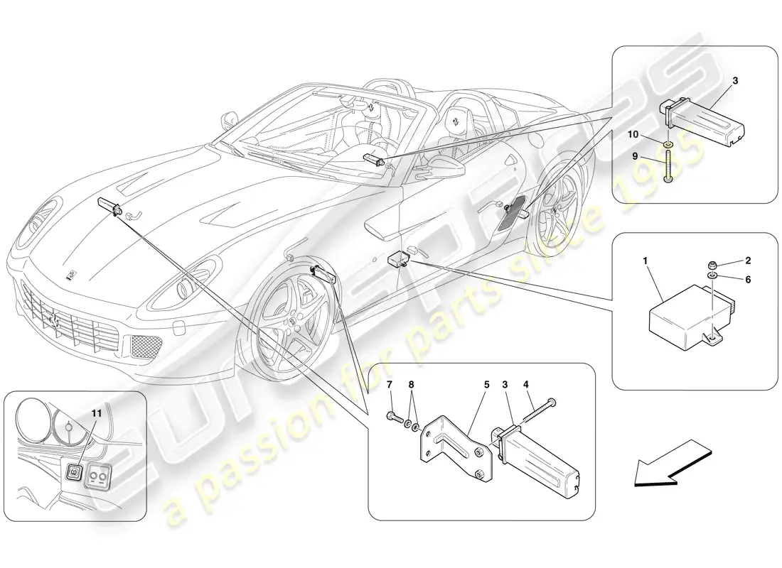 ferrari 599 sa aperta (rhd) sistema de control de presión de neumáticos diagrama de piezas