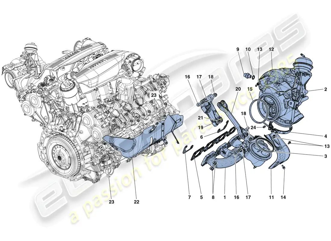 ferrari 488 gtb (rhd) colectores, sistema de turboalimentación y tuberías diagrama de piezas