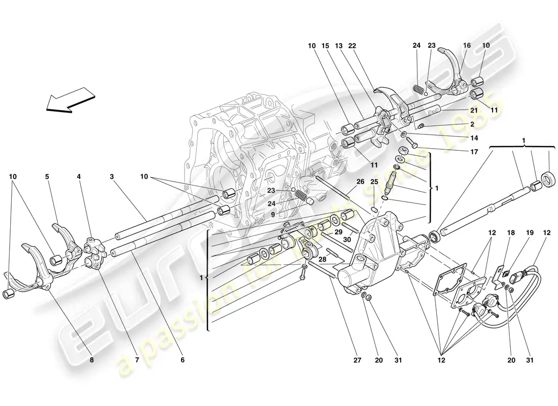 ferrari 599 sa aperta (rhd) controles internos de la caja de cambios diagrama de piezas