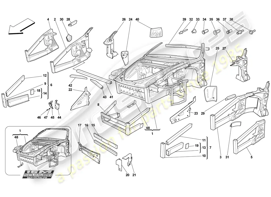 ferrari f430 scuderia (europe) chasis - estructura, elementos frontales y paneles diagrama de piezas
