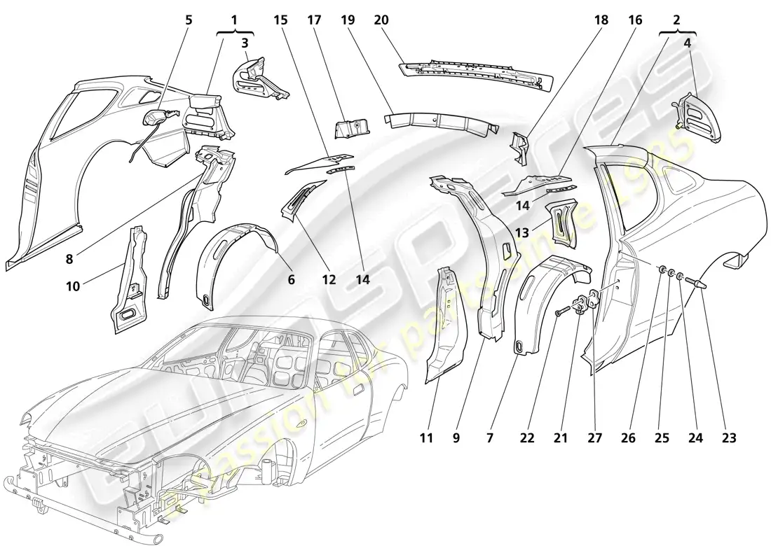 maserati trofeo carrocería - acabados exteriores centrales diagrama de piezas