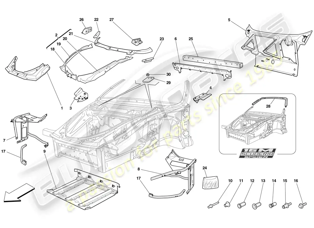 ferrari f430 scuderia spider 16m (usa) chasis - estructura delantera completa y paneles diagrama de piezas