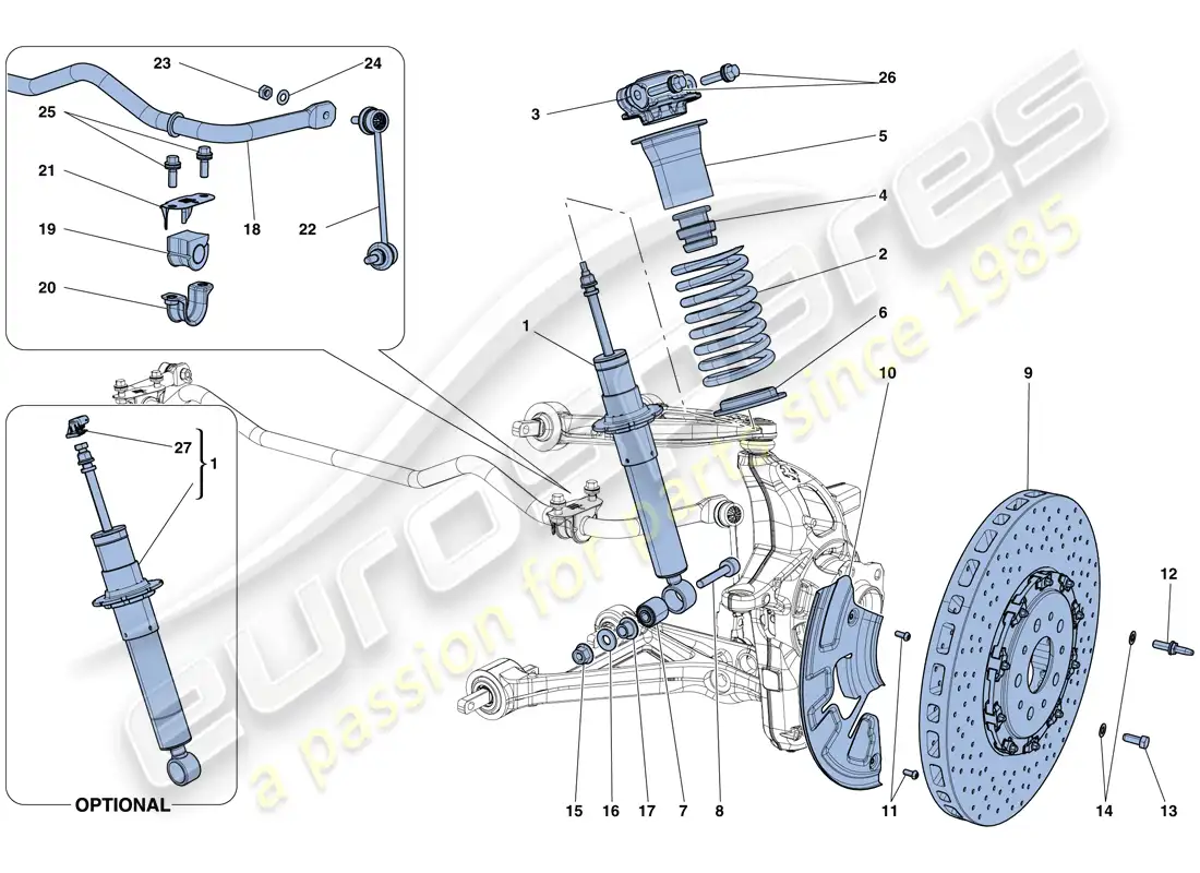 ferrari california t (rhd) suspensión delantera - amortiguador y disco de freno diagrama de piezas