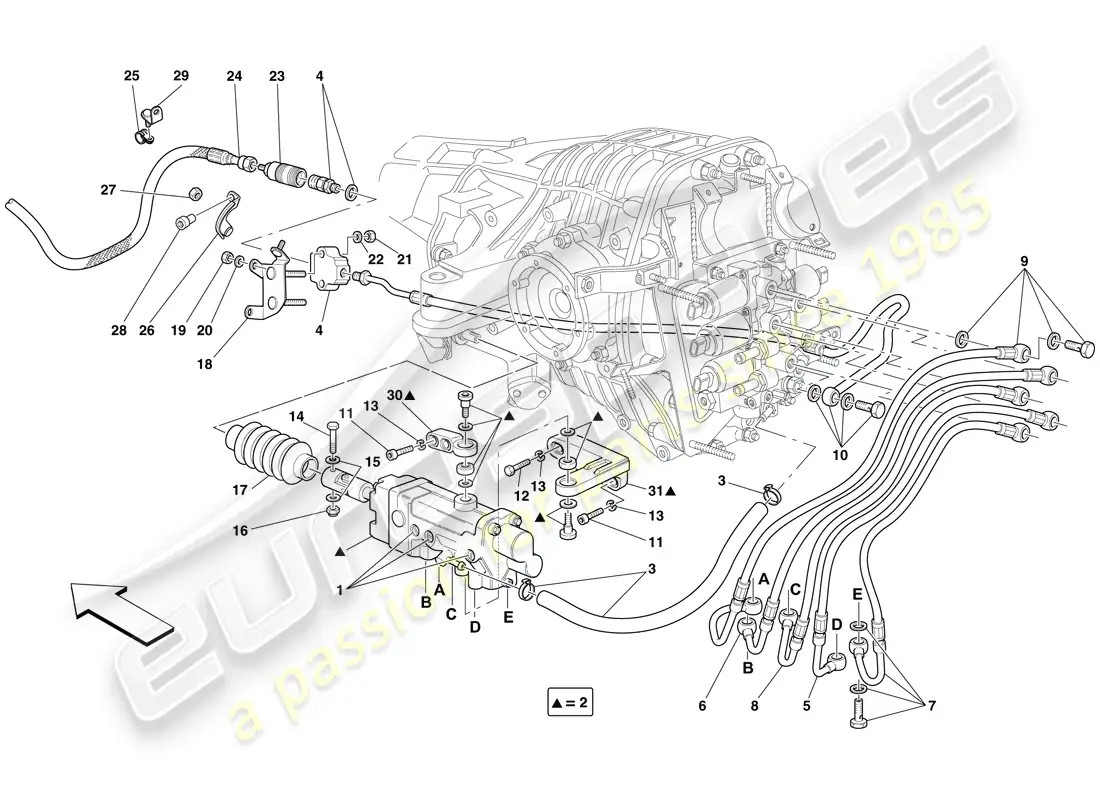 ferrari 599 gto (europe) f1 control hidráulico del embrague diagrama de piezas