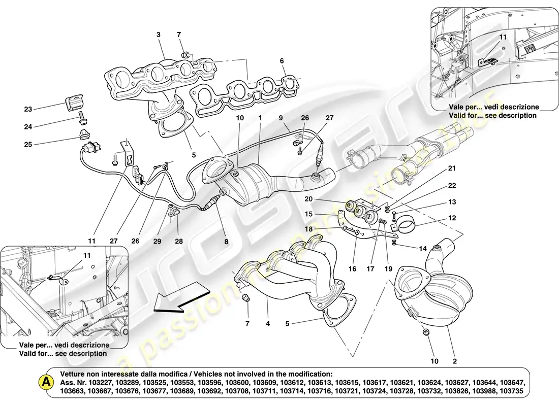 ferrari california (usa) convertidores precatalíticos y convertidores catalíticos. diagrama de piezas