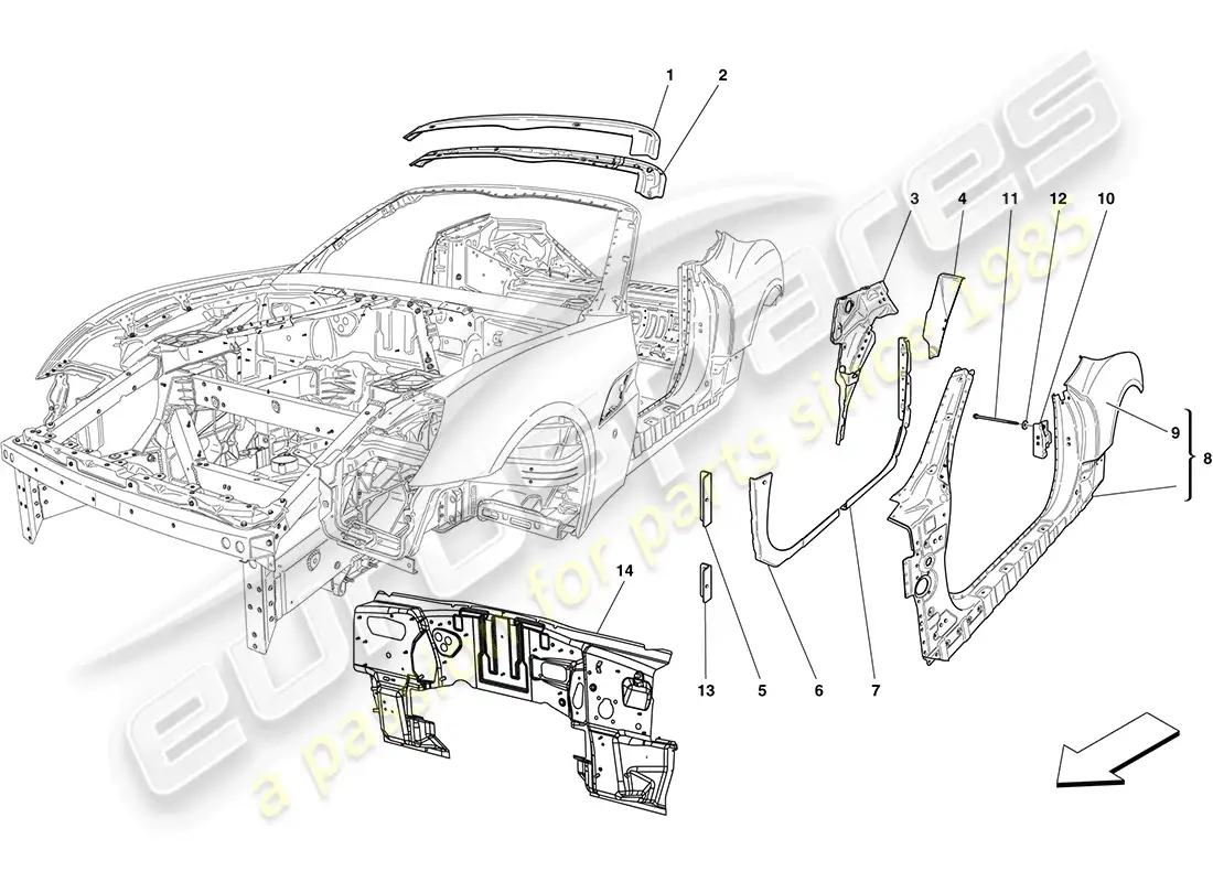 ferrari california (rhd) carrocería central y molduras exteriores diagrama de piezas