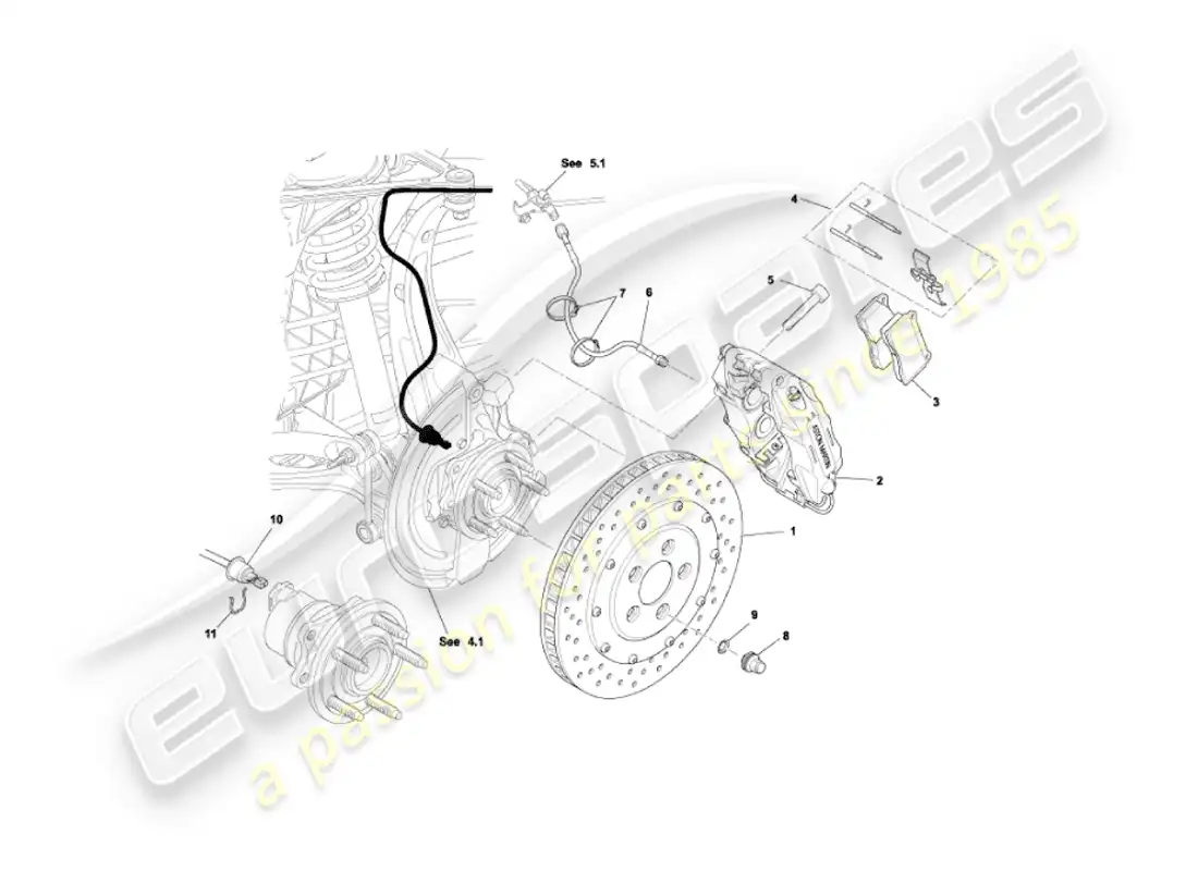 aston martin vanquish (2003) frenos delanteros diagrama de piezas