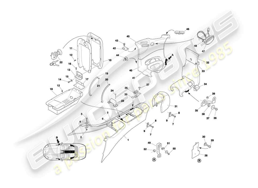 aston martin db7 vantage (2001) consola central y molduras, diagrama de piezas de volante