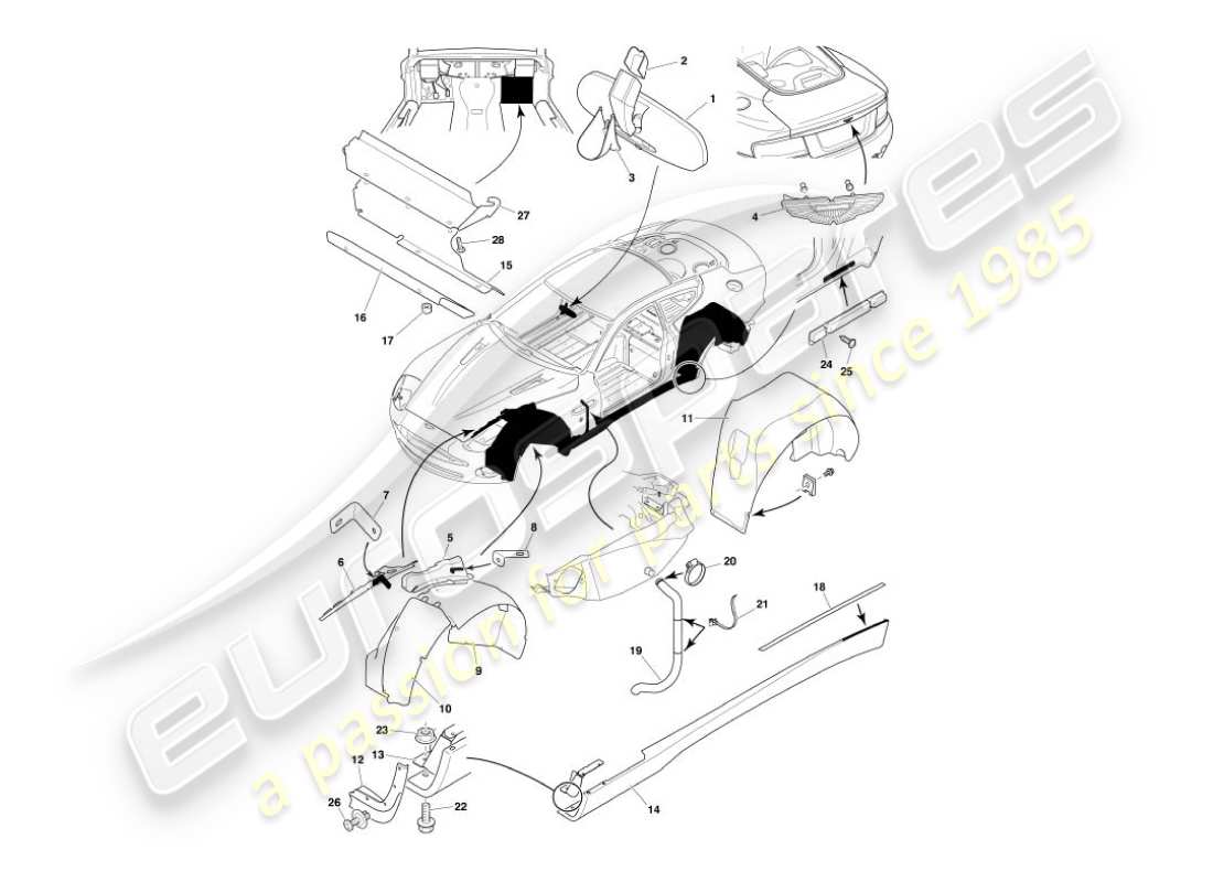 aston martin vanquish (2003) diagrama de piezas de accesorios para la carrocería