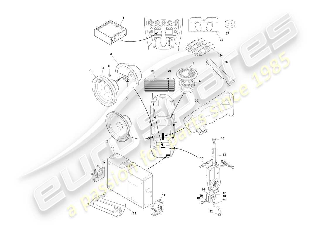 aston martin db7 vantage (2001) entretenimiento en el coche diagrama de piezas
