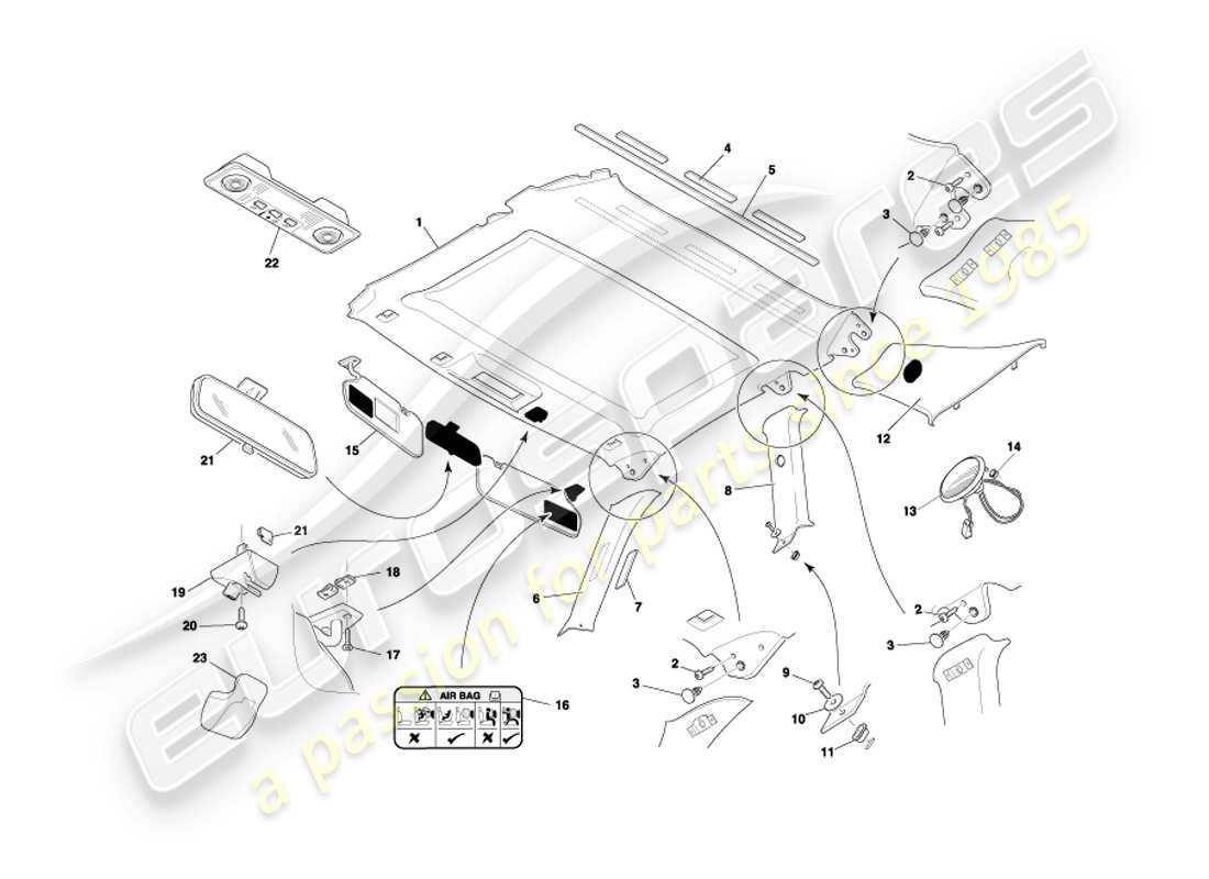 aston martin db7 vantage (2001) moldura superior y revestimiento del techo del cupé diagrama de piezas