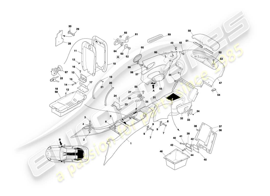 aston martin db7 vantage (2001) consola central y molduras, diagrama de piezas del cupé