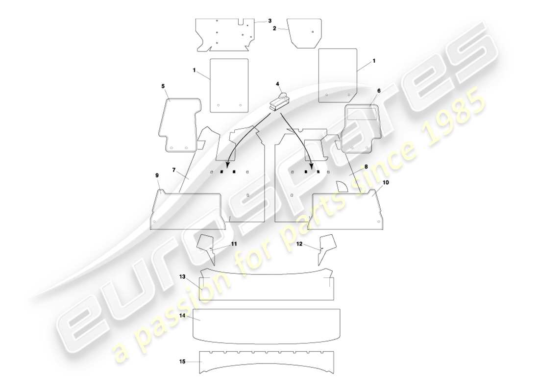 aston martin db7 vantage (2001) diagrama de piezas de alfombras volante