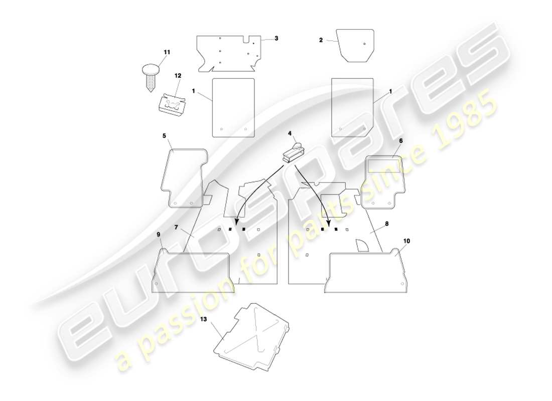 aston martin db7 vantage (2001) diagrama de piezas de alfombras cupé
