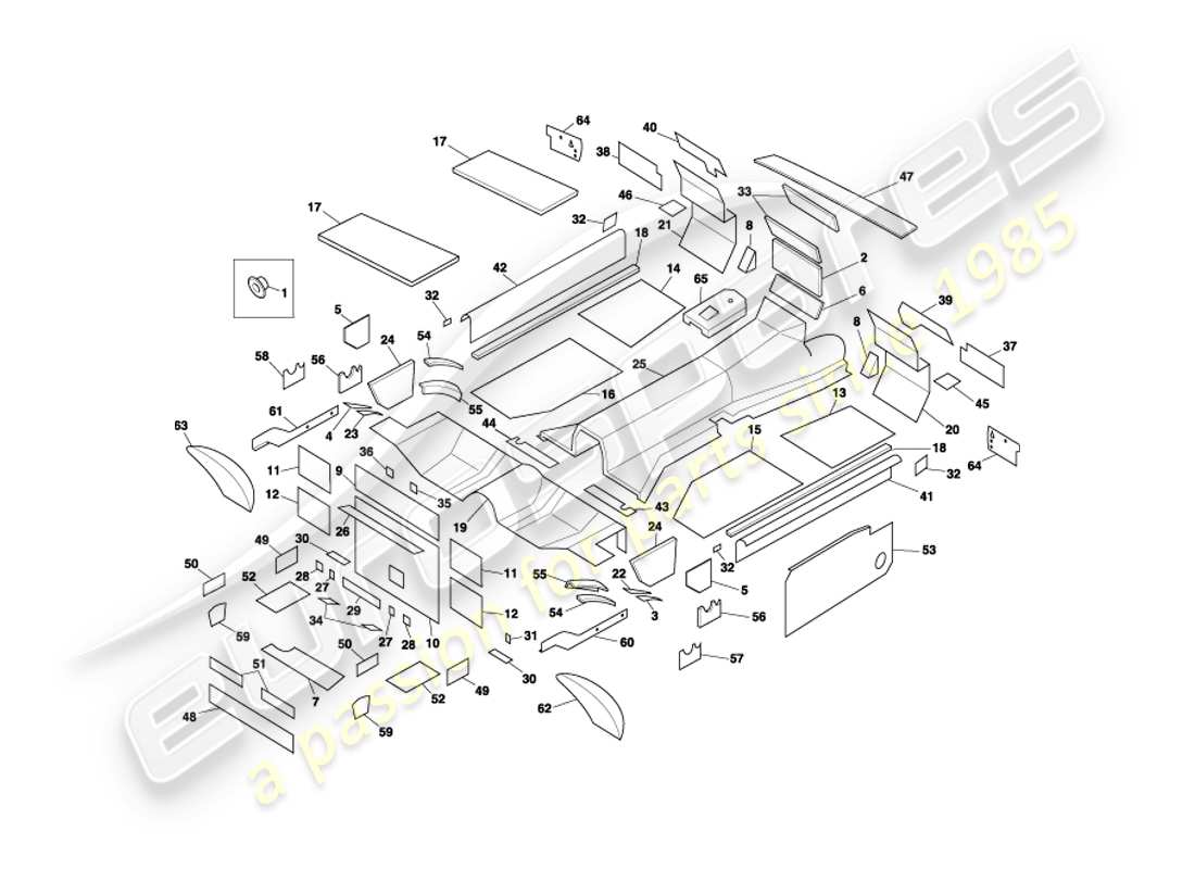 aston martin db7 vantage (2001) diagrama de piezas de insonorización del cupé