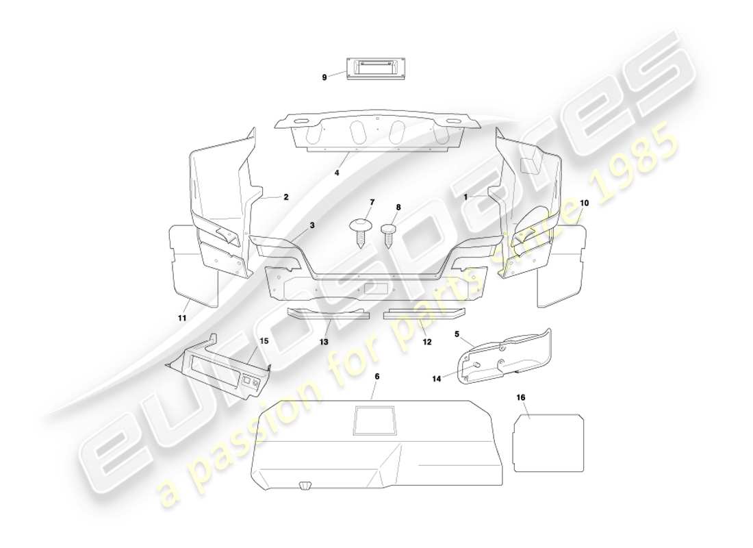 aston martin db7 vantage (2001) diagrama de piezas de la carcasa del maletero y las alfombrillas del volante