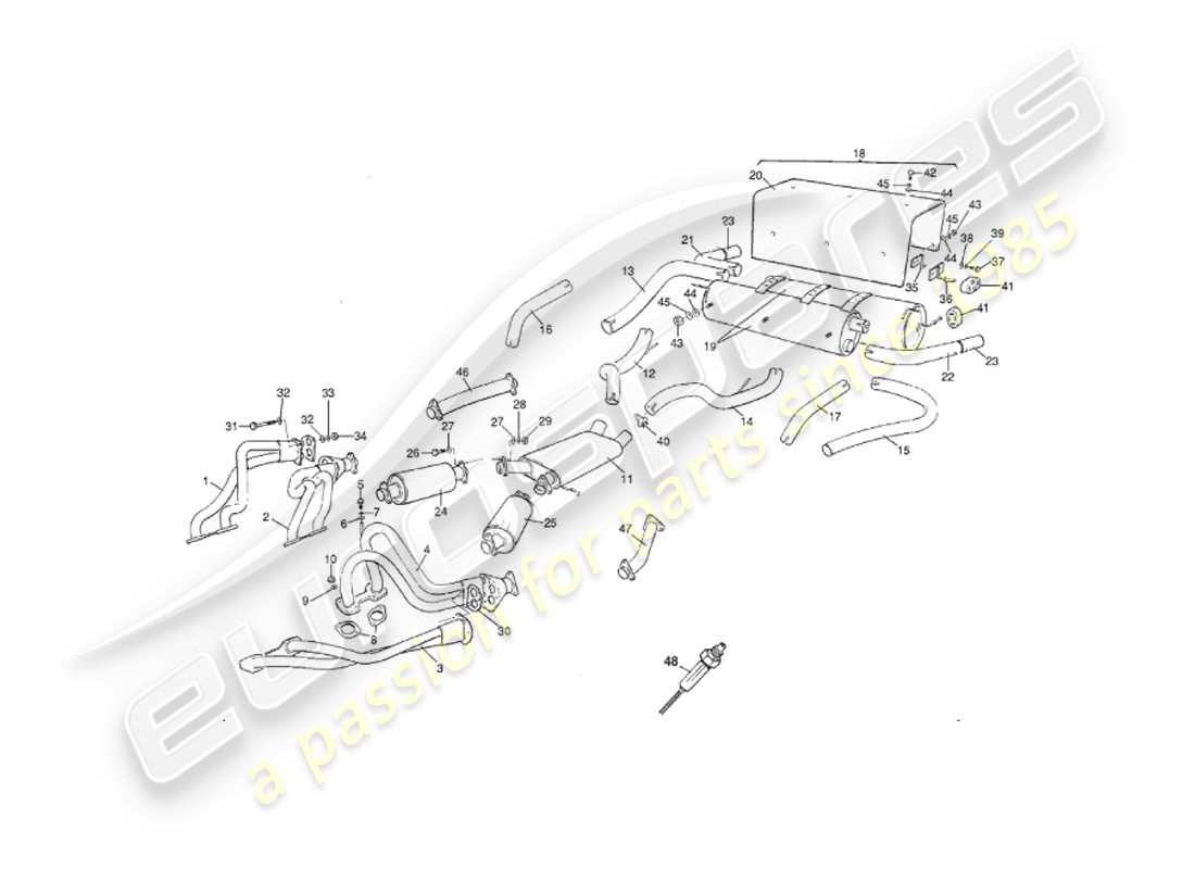 aston martin v8 virage (2000) sistema de escape, diagrama de piezas de los primeros automóviles