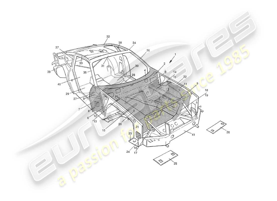 aston martin v8 virage (2000) superestructura del chasis, delantera diagrama de piezas