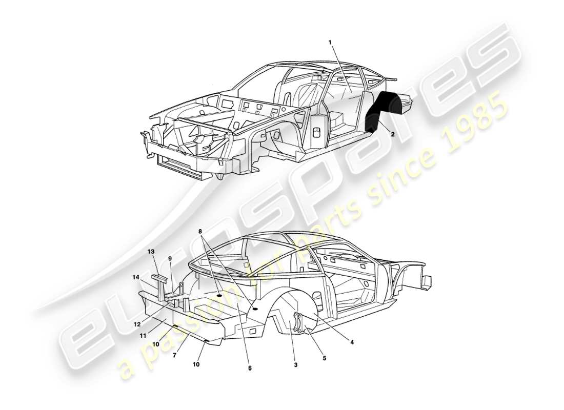 aston martin v8 coupe (2000) diagrama de piezas de los paneles del chasis
