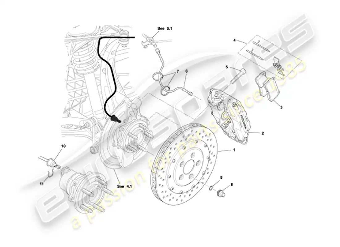 aston martin vanquish (2002) frenos delanteros diagrama de piezas