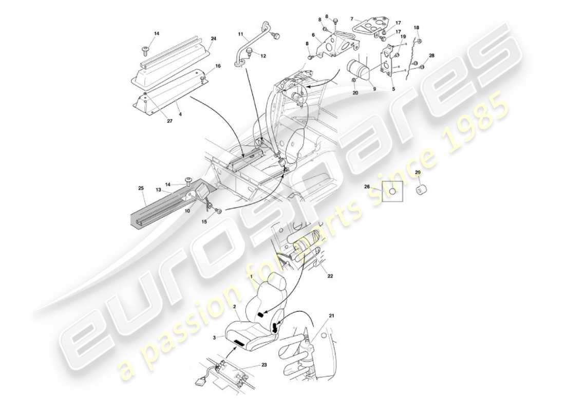aston martin vanquish (2003) diagrama de piezas de asientos delanteros y cinturones