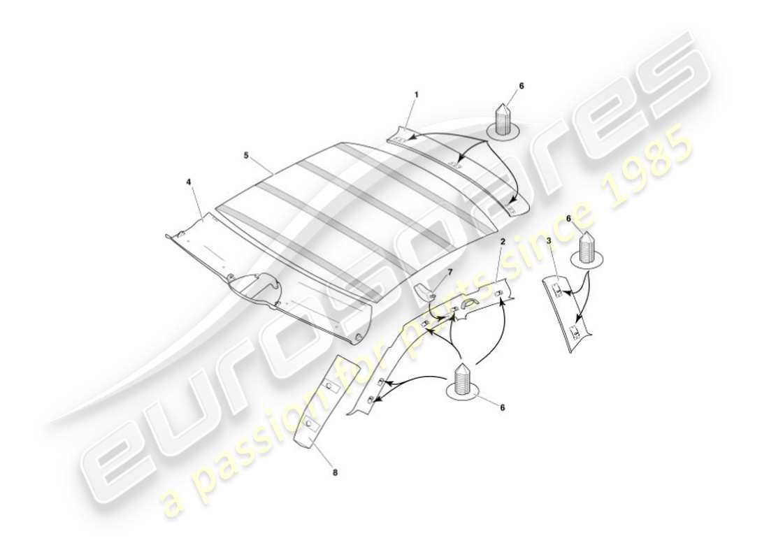 aston martin vanquish (2004) moldura superior y revestimiento del techo diagrama de piezas