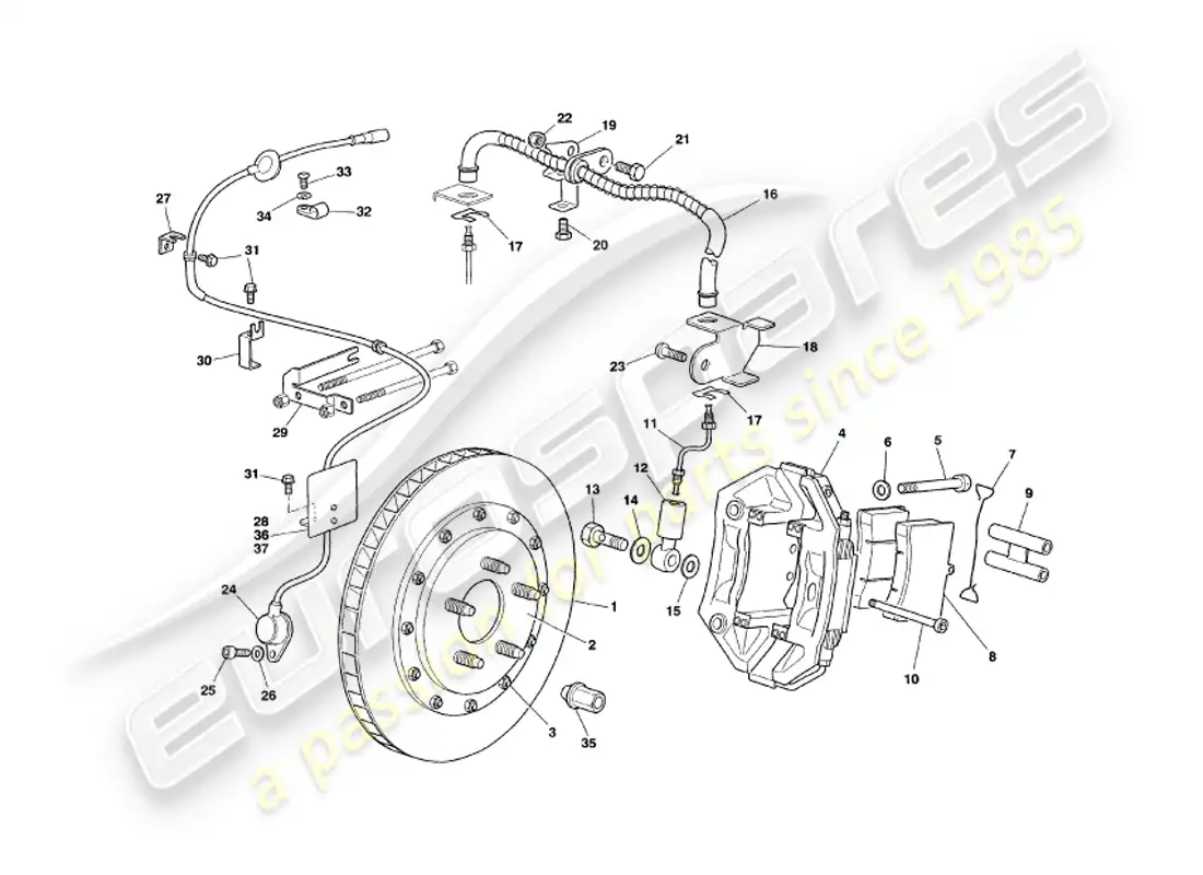 aston martin v8 volante (1998) frenos delanteros diagrama de piezas