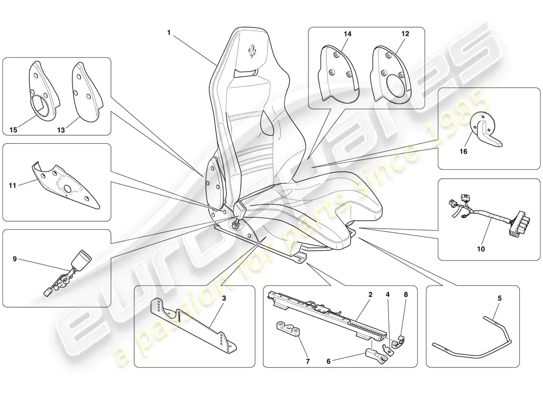 ferrari 599 gto (rhd) asiento de carreras delantero - rieles y mecanismo diagrama de piezas