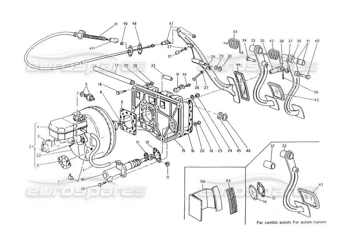 maserati 418 / 4.24v / 430 tablero de pedales y servofreno, diagrama de piezas de dirección derecha