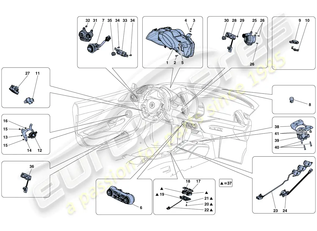 ferrari 488 gtb (rhd) instrumentos del salpicadero y del túnel diagrama de piezas