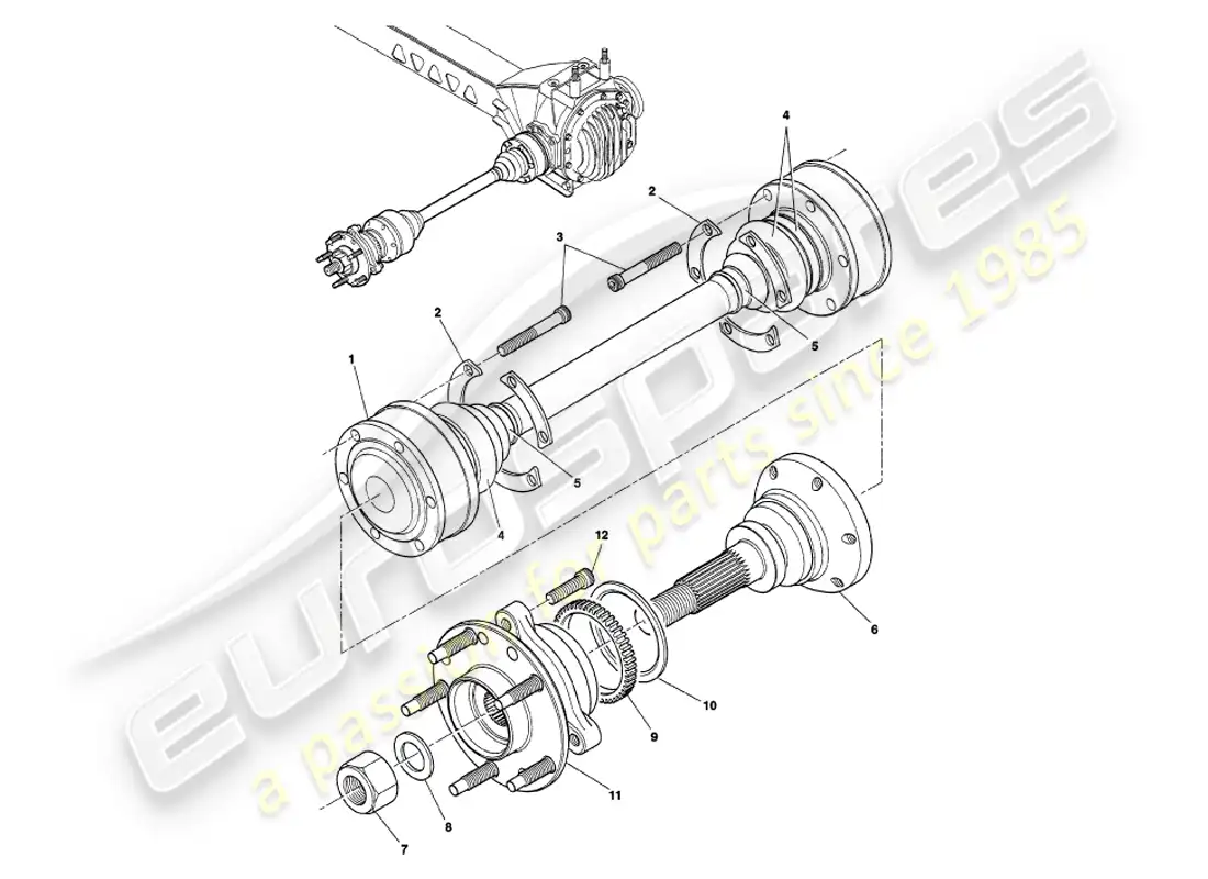 aston martin v8 volante (1999) conjunto de eje de transmisión y cubo diagrama de piezas