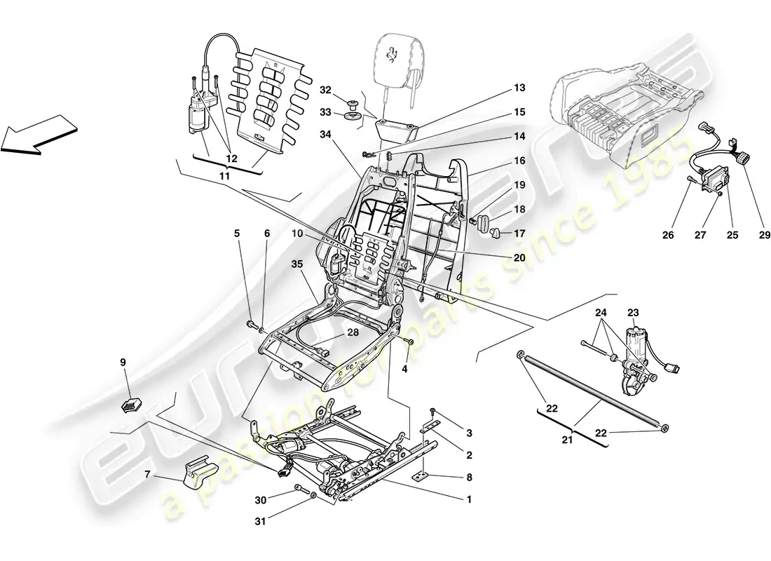 ferrari f430 coupe (europe) asiento eléctrico - guías y mecanismos de ajuste diagrama de piezas