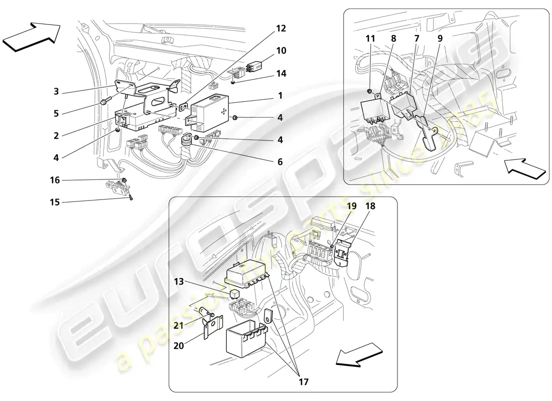 maserati trofeo estaciones de control de pasajeros delanteros y del compartimiento del motor diagrama de piezas