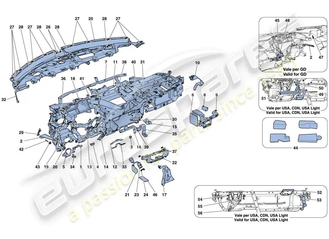 ferrari 488 gtb (rhd) tablero - subestructura diagrama de piezas