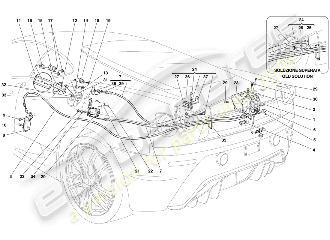 ferrari f430 scuderia spider 16m (europe) mecanismos de apertura de la tapa del compartimiento del motor y de la tapón de llenado de combustible diagrama de piezas
