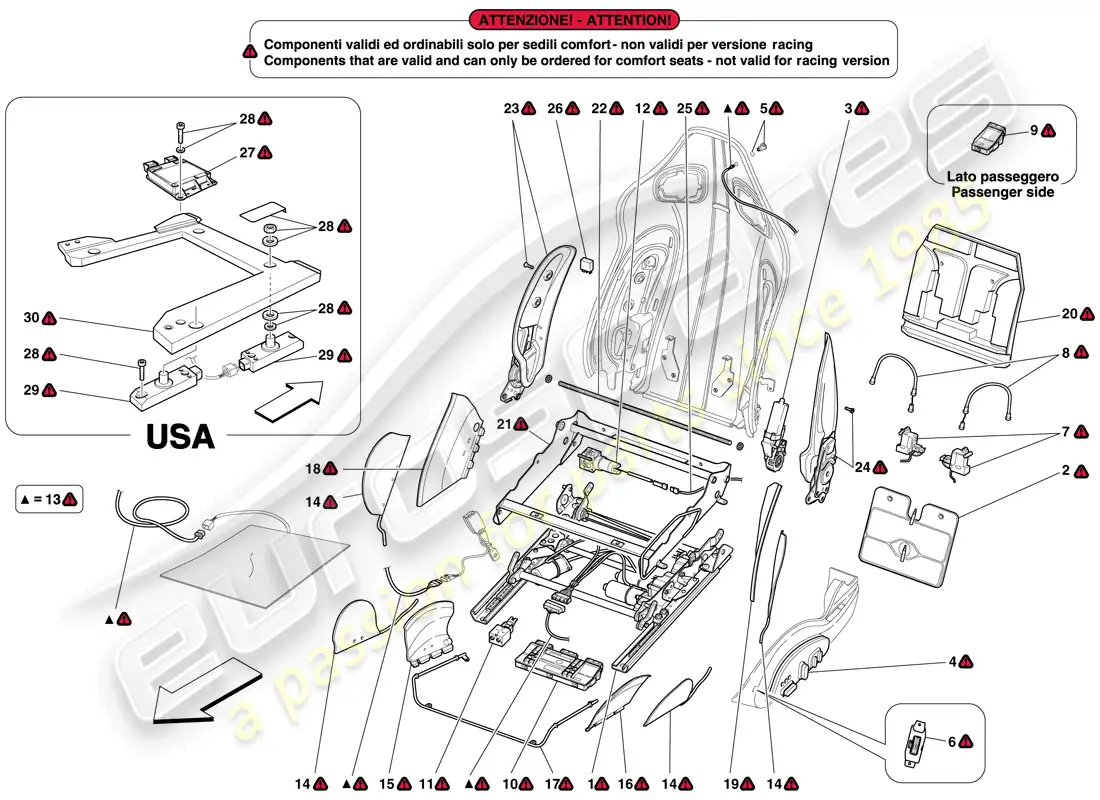 ferrari 599 sa aperta (usa) asiento delantero - guías y mecanismos de ajuste diagrama de piezas