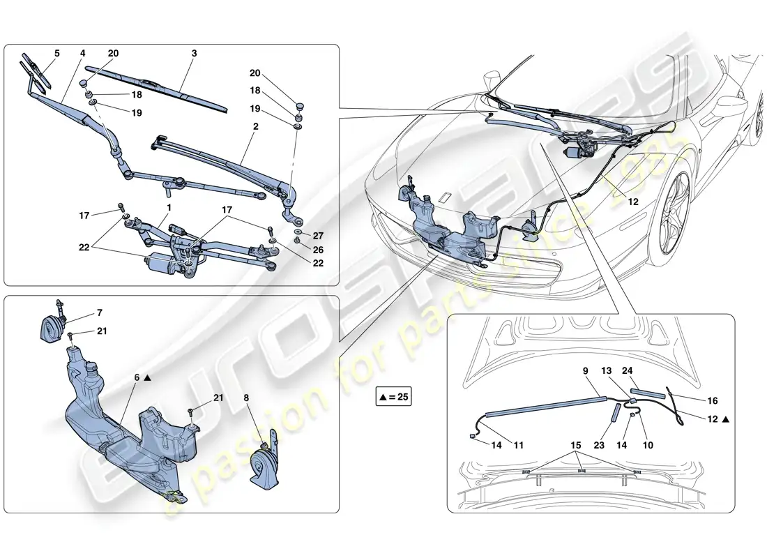 ferrari 458 italia (europe) limpiaparabrisas, arandela y bocina diagrama de piezas
