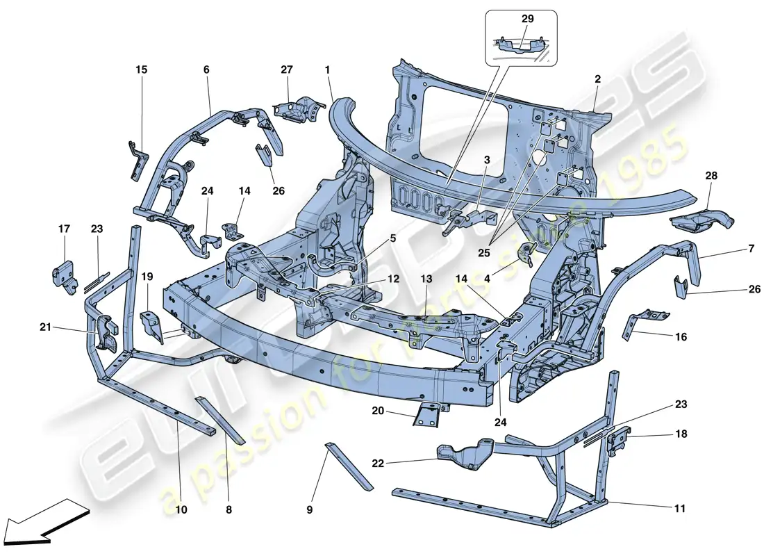 ferrari 488 gtb (europe) chasis - estructura delantera completa y paneles diagrama de piezas