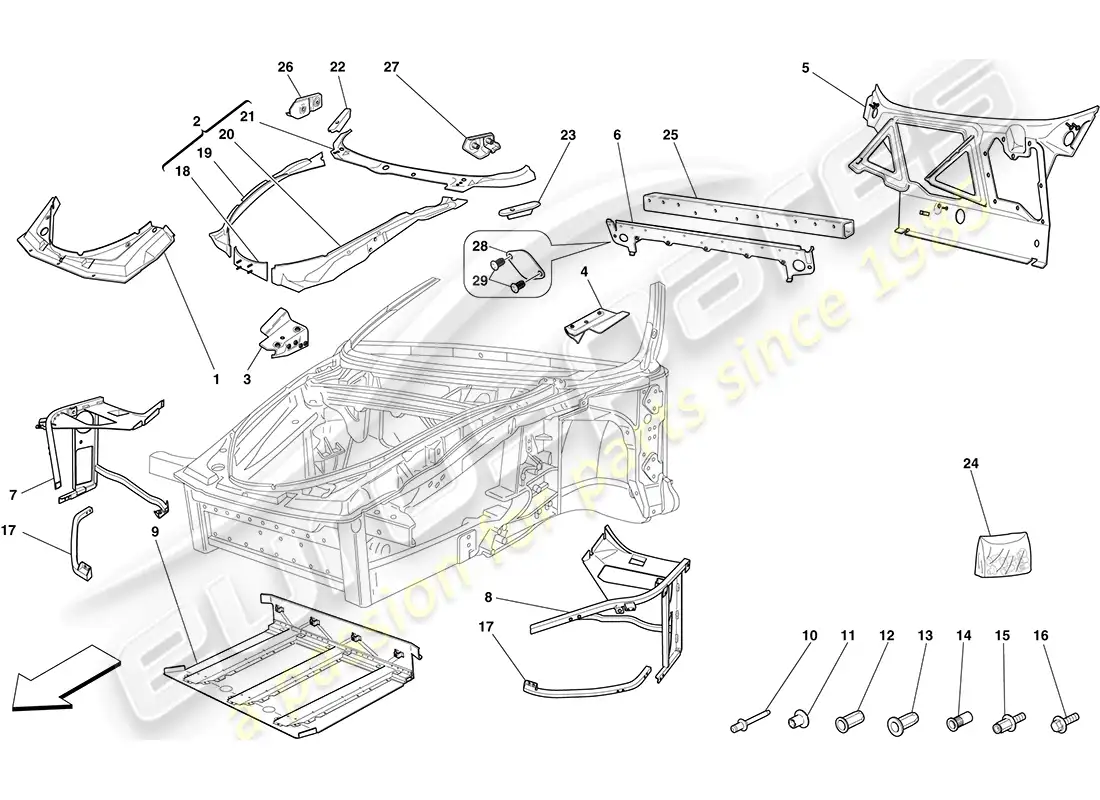 ferrari f430 coupe (europe) chasis - estructura delantera completa y paneles diagrama de piezas