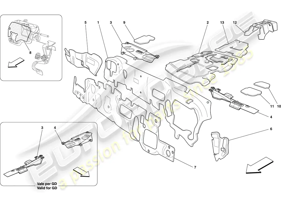 ferrari california (europe) insonorización en vehículo diagrama de piezas