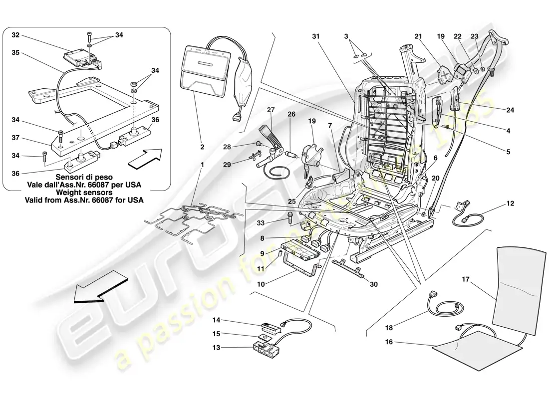ferrari 612 sessanta (europe) asiento delantero eléctrico - cinturones y dispositivos de seguridad diagrama de piezas