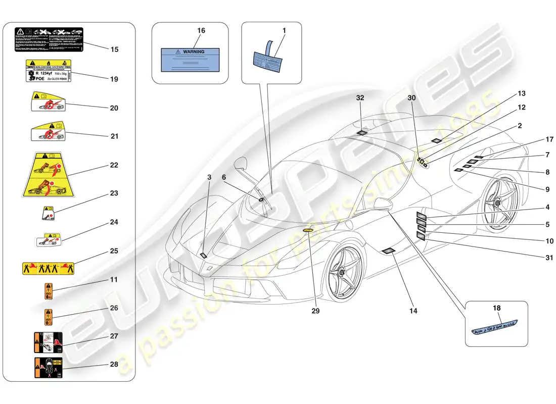 ferrari laferrari aperta (usa) etiquetas y placas adhesivas diagrama de piezas