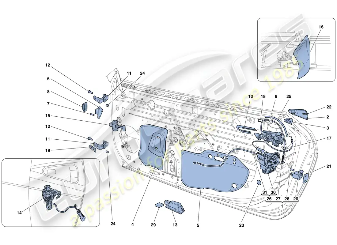 ferrari 458 italia (rhd) puertas - mecanismo de apertura y bisagras diagrama de piezas