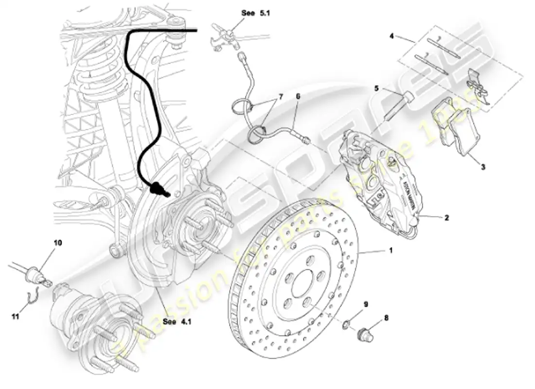 aston martin vanquish (2001) frenos delanteros diagrama de piezas