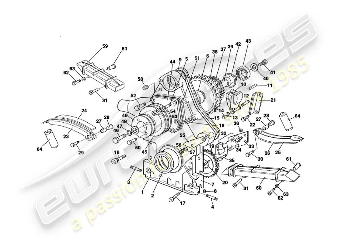 aston martin v8 volante (1997) diagrama de piezas de caja de distribución, bomba de agua y ruedas dentadas